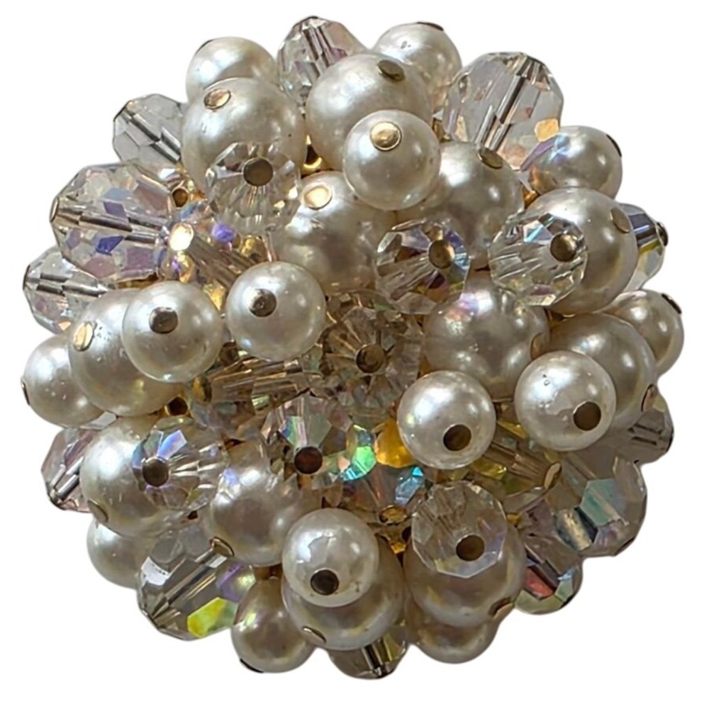 Vintage Aurora‎ Borealis Crystal Faux Pearl Cluster Brooch Pin